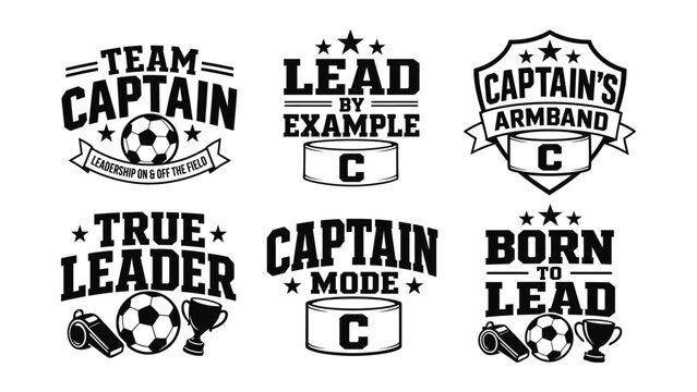 Collection of graphic design badges for soccer and hockey team captains featuring leadership slogans and sport icons