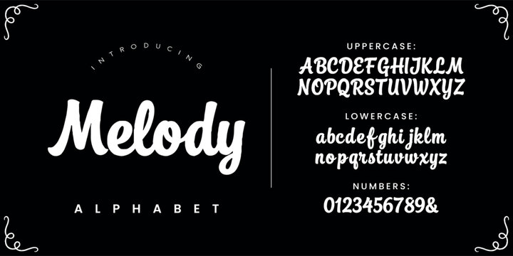 Melody elegant cursive font uppercase lowercase numbers and symbol for musical branding project