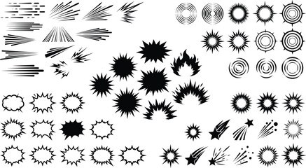 Comic speed lines and explosion bubbles set, black manga action effects collection, vector motion burst and starburst shapes for graphic design © Abdul