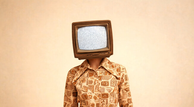 Retro vibes blend seamlessly with surreal art as a figure dons a vintage television head in a warm, minimalist setting
