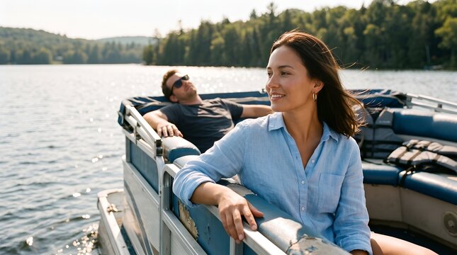 Happy couple relaxing on a pontoon boat ride on a sunny lake summer day