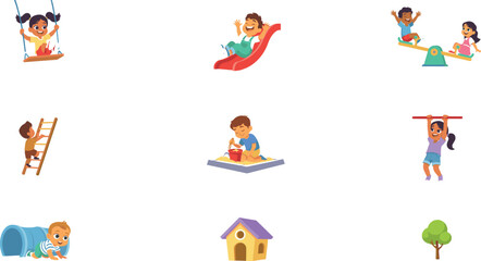 Fototapeta premium Happy Kids Playing on Playground Equipment Vector Character Set Featuring Swing Slide Sandbox Seesaw Ladder and Crawling Tunnel Illustrations