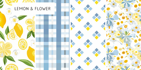 lemon and flower watercolor pattern on white background fruit blossom botanical design illustration graphic art print summer fresh nature floral citrus yellow blue © RanjanKumar