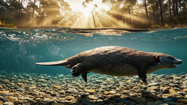 Underwater Beaver Swimming in Sunlit Forest River.