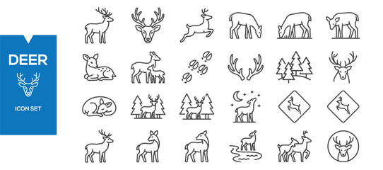 Fototapeta premium Deer Icons Set – Flat Wildlife, Forest Animal Nature Vector Collection