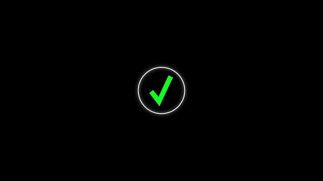 Green checkmark animation. Yes tick. Correct check mark symbol.A green check mark icon with white circle animation on transparent background.