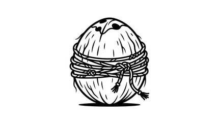 Fototapeta premium Black and white line art illustration of a coconut wrapped in rope.