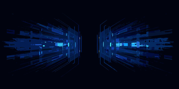 symmetrical perspective view of abstract digital tunnel vector illustration design art technology concept data flow network imagery futuristic look blue color scheme geometric