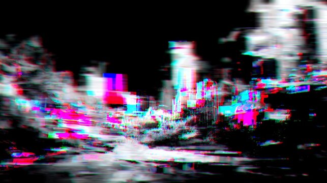 Cyberpunk Cityscape Glitch Overlay with Neon Motion Blur and Distorted Digital Noise Effect for Creative Meme Backgrounds