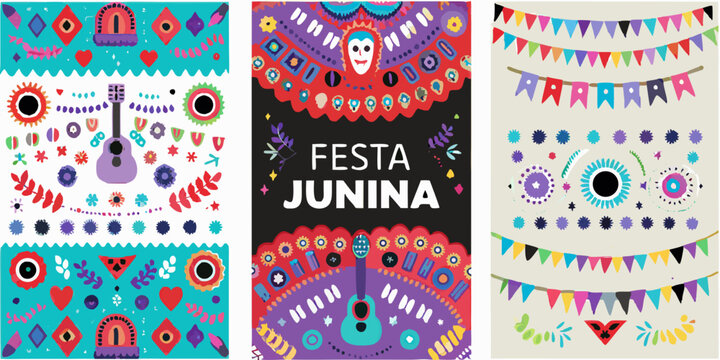 festa junina festival posters vibrant vector illustration colors brazilian culture music instrument guitar party decorations flags celebration folklore traditional event graphic design cultural