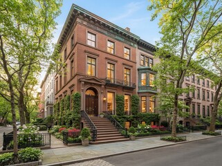 Obraz premium Three story brick townhouse on corner with trees and front steps