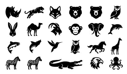 Fototapeta premium Minimal Animal Mascot Silhouette Vector Pack Featuring Rhino Tiger Fox Bear Elephant Bird Fish and More