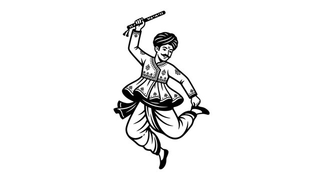 A black and white line art illustration of a traditional Indian male folk dancer performing.