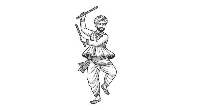 Line art illustration of a traditional Indian male dancer performing Dandiya Raas.