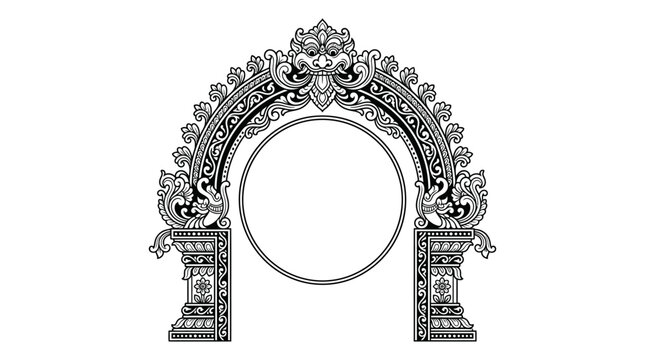 Intricate Balinese style decorative arch frame with central circular space for custom design.