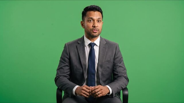 Professional Businessman Answering Interview Questions on Green Screen Chroma Key Background