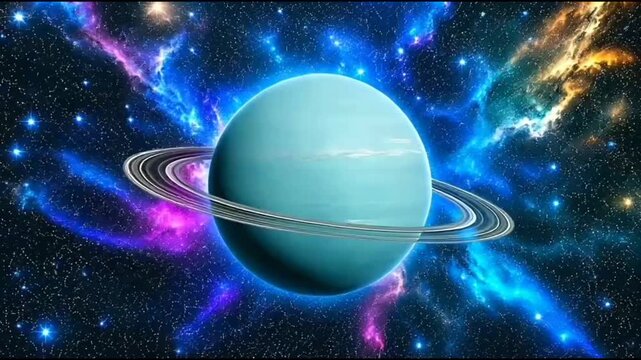 This is an illustration video of the planet Uranus rotating on its axis in outer space. 