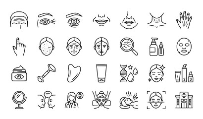 Skincare and Anti Aging Dermatology Line Icon Set Pack Featuring Wrinkles, Facial Massagers, Gua Sha, Cosmetics Cream, Serum, Face Mask, and Clinic Symbols © MdRifat