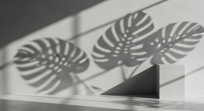 Shadowed Monstera Leaves Cast Over Minimal Staircase