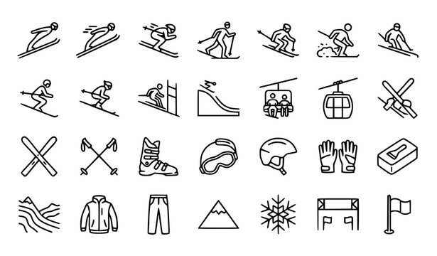 Ultimate Winter Skiing and Snowboarding Line Icon Set Pack Featuring Skiers, Mountains, Chairlift, Snowboarding Gear, Clothing, and Resort Symbols for Active Tourism