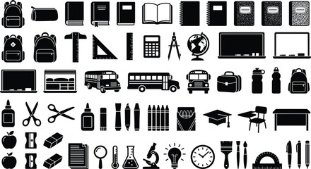School supply and education icon bundle featuring backpack notebook textbook school bus classroom blackboard calculator stationary scissors and graduation silhouette vector symbols © RAKIB