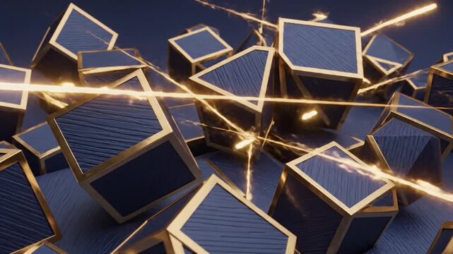 Elegant navy blue cubes with gold frames float in space