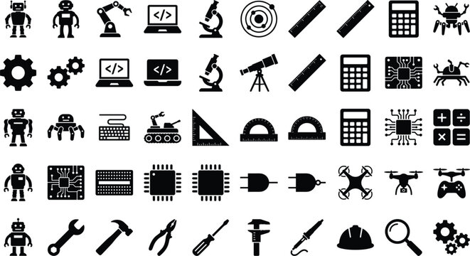 STEM education and robotics icon set featuring engineering tools computer coding laptops microchips drones microscopes telescopes calculators and mechanical hardware silhouette vector symbols