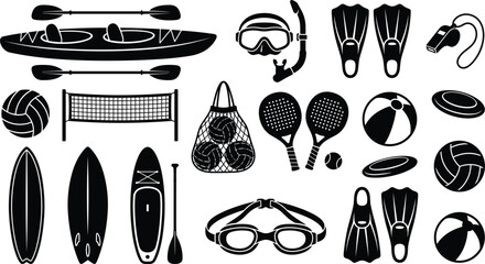 Summer beach sports and water recreation silhouette vector icon set featuring kayak surfboard paddleboard snorkel gear flippers and beach volleyball equipment © RAKIB