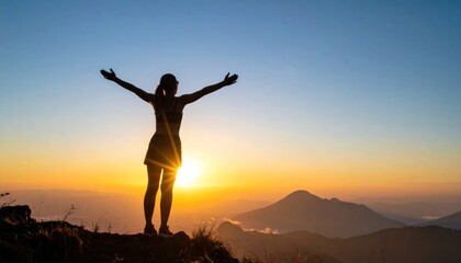 Fototapeta premium Woman silhouetted with arms outstretched on mountain peak at sunrise.