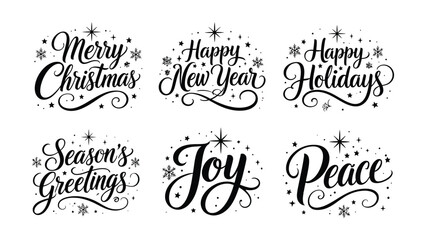 Collection of elegant handwritten holiday phrases including Merry Christmas Happy New Year and Seasons Greetings with stars and snowflakes © MDMOMIN