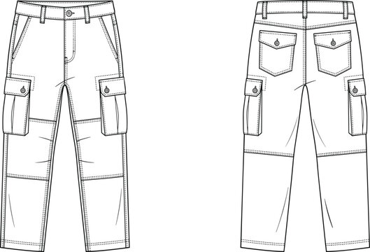 Technical fashion flat sketch of utility cargo pants front and back view vector template