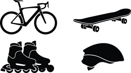 Urban sports and outdoor recreation equipment icon set featuring road bicycle skateboard inline roller skates and safety protective helmet vector silhouette symbols for active lifestyle design © RAKIB