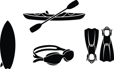 Water sports and summer activity equipment icon set containing kayak with paddle surfboard swimming goggles and diving flippers silhouette vector symbols for recreation design © RAKIB