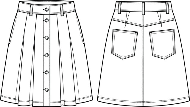 Technical fashion flat sketch of women button front denim skirt front and back view design template