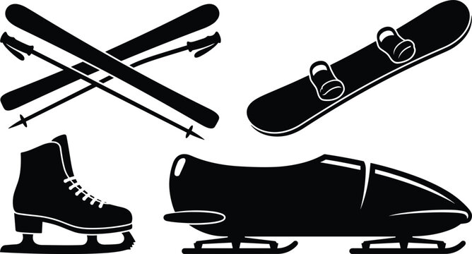Winter sports and alpine recreation equipment icon set featuring crossed skis with poles snowboard ice skate boot and bobsled sledge vector silhouette symbols for mountain resort design