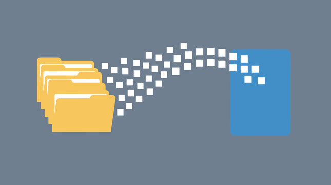 Digital file transfer from folders to a document with data migration concept, illustrating cloud storage, backup and data management solutions.