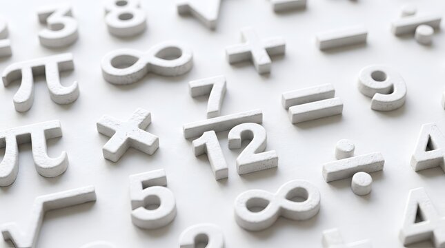 White plastic numbers and mathematical symbols arranged on a background