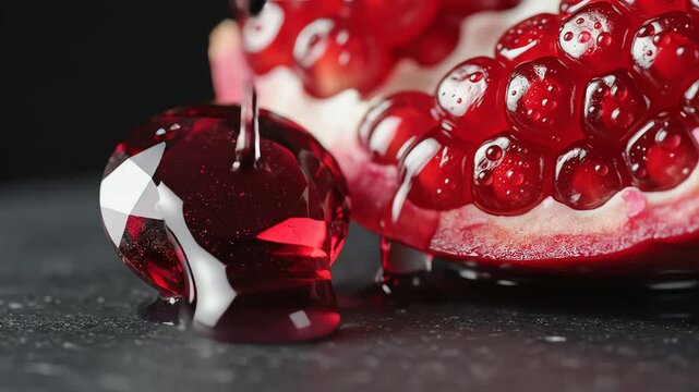 Fresh pomegranate fruit with juice dripping on dark background