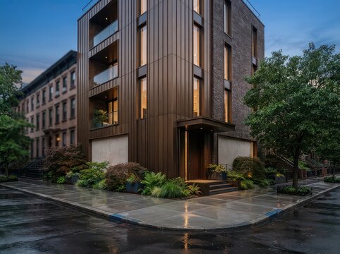 Contemporary townhouse corner entrance with balconies and wet pavement