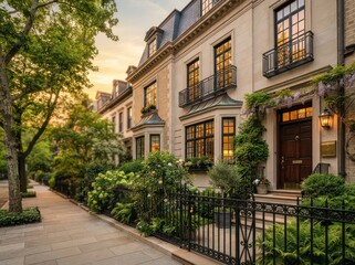 Naklejka premium Row of townhouses with iron fence and planted front garden