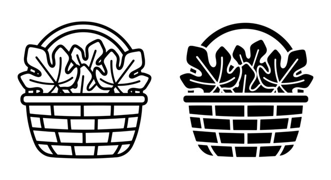 Woven Basket with Fig Leaves, Outline and Solid Fill Vector Icons, Harvest and Autumn Elements