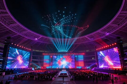 Spectacular stadium concert stage with illuminated LED screens lasers and drone light show overhead.