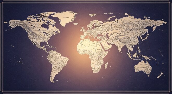 Detailed 3D World Map with Golden Relief Texture.