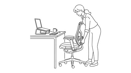 Fototapeta premium A line art illustration of a woman standing and adjusting an ergonomic office chair.