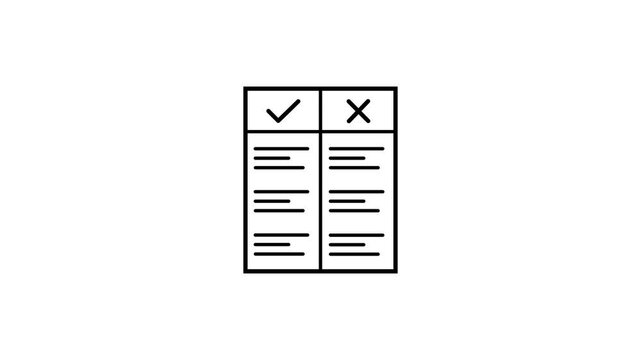 Pros and cons comparison list animation with checkmark and cross symbols on white background