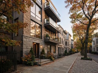 Fototapeta premium Side view of modern townhouses along cobblestone street