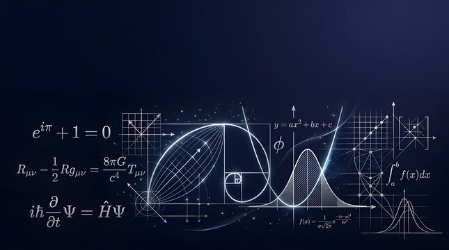 Golden ratio and physics equations on dark blue background