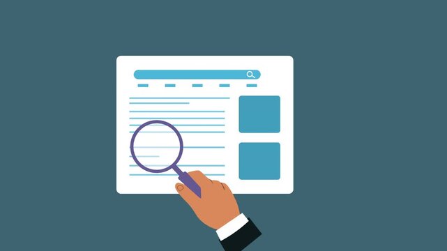 Hand Holding Magnifying Glass Searching Web Page 2d Animation with Alpha Matte