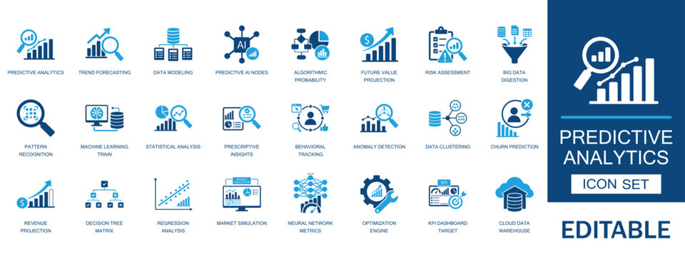 Predictive analytics solid icon set. featuring trend forecasting data modeling risk assessment future projection machine learning behavioral tracking anomaly detection vector.