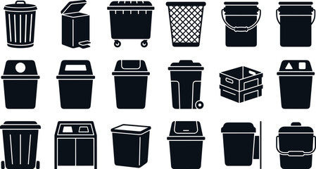 Obraz na płótnie Canvas Garbage bin and trash can vector icon set featuring waste baskets, recycling containers, dumpsters, and disposal bucket symbols